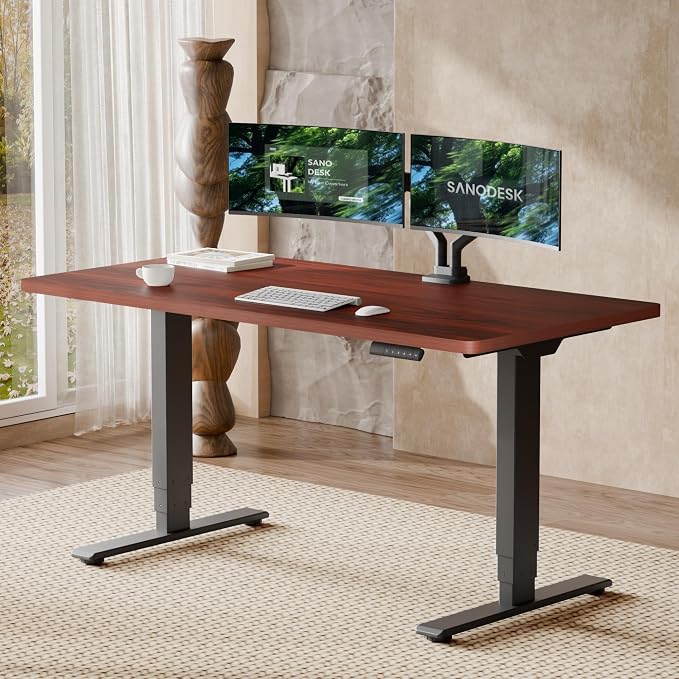 SANODESK Standing Desk with Dual Motor, 3-Stage Lifting Column, Handset with 3 Preset and Sit-Stand Reminder - 60 inch One-piece Mahoney Desk/Black Frame, Height Adjustable Desk for Home and Office
