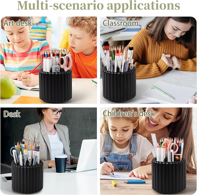 360° Rotating Pen Holder for Desk Removable Pencil Organizer, Black | 7 Slots Pen Cup Cute Office Supplies and Accessories Plastic Desktop Storage Box Art Caddy for School, Work, Home