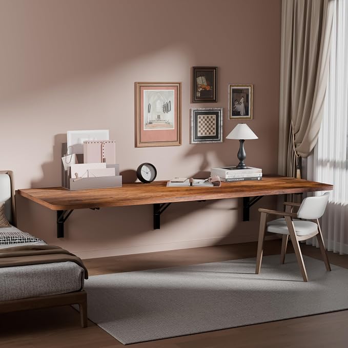 IAE 48" x 22" Floating Foldable Desk,Wall-Mounted Folding Computer Table with Engineered Wood,Study Table with Shelf Brackets,Fold Down Shelf,Fold Computer Desk for Small Spaces,Holds 500 lb,Rustic