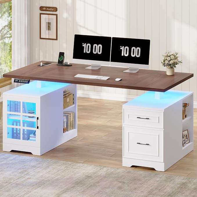 UPOSOJA 63 in Executive Standing Desk, Electric Height Adjustable Desk with Storage Drawers, Glass Cabinet, Shelves, Power Outlet, LED Light, Wood Sit Stand up Computer Desks for Home Office (White)