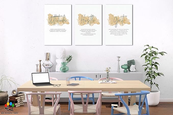 3 Piece Inspirational Wall Art - Attitude Hustle Grit Motivational Quotes Canvas Art for Women Room Decor, Office Wall Art Pictures, Inspirational Poster Framed Artwork for School Decor 16”x24”x3Pcs