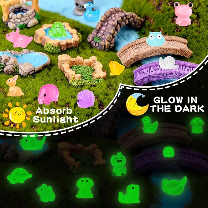 120PCS Luminous Mini Resin Animals 20 Types to Hide Miniature Resin Animals Figures Glow in the Dark Tiny Ducks Owls Frogs Bulk for Micro Landscape Dollhouse Aquarium Potted Fairy Garden DIY Decor