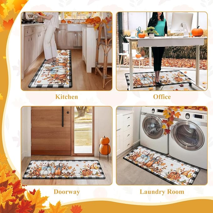 SHACOS Fall Anti Fatigue Kitchen Mats Pumpkins Gnome 17x27.5+17x47 | Orange Maple Black White Checkered Autumn Harvest Cushioned Kitchen Rugs Sets of 2 Non Slip Kitchen Floor Mat