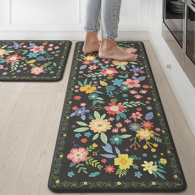 GENIMO Anti Fatigue Kitchen Mats for Floor 2PCS, Cushioned Standing Mats | 17.3"x47"&17.3"x30", Black vintage floral rug set, waterproof, non slip, easy-clean for farmhouse