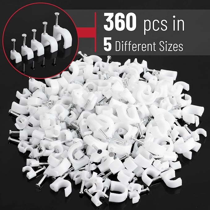 Bates Cable Clips with Steel Nails - White, 360 pcs, 4mm-10mm, Universal Cable Clips