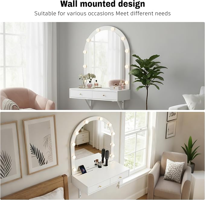Merax White Floating Vanity Desk Vanity Mirror with Lights, 3 Color Adjustable, 2 Storage Drawers & Charging Station, Wall-Mounted Makeup Vanity Shelf for Bedroom Hairdressers, 31" D x 54" H