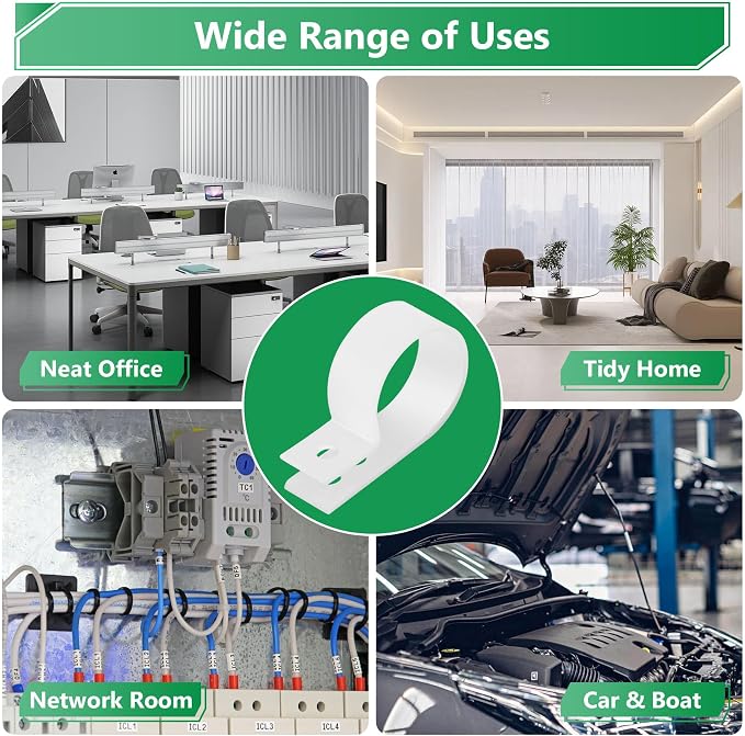 290 Pcs White R-Type Nylon Cable Clamps with M4 Screws Kit | Good Ductility, Fireproof, 6 Sizes (3/16'' 1/4'' 3/8'' 1/2'' 3/4'' 1''), 145pcs M4 Screws, for TV/PC/AC Cables & Wires.