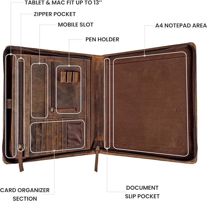 LEATHER VILLAGE Leather Portfolio Organizer - Professional Business Padfolio for Men & Women - Stylish Document Card Holder, Folio for A4/Letter Size Writing Legal Pad, Brown