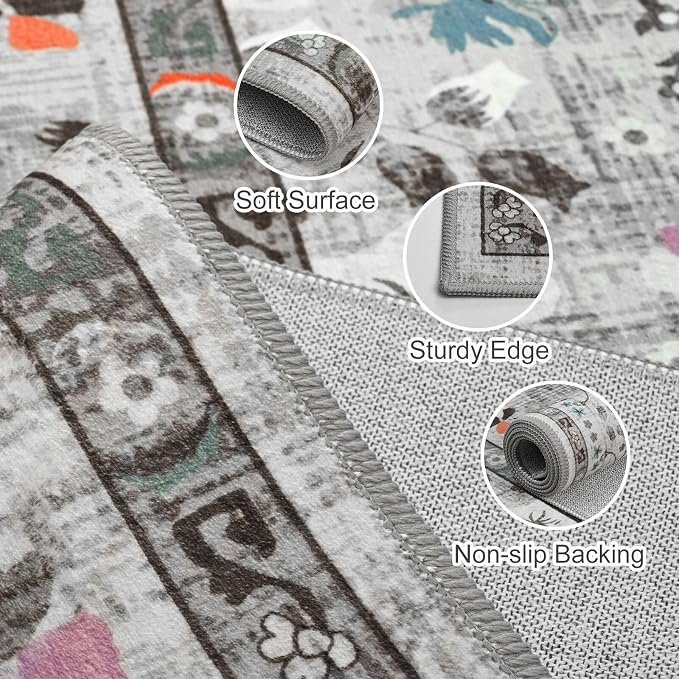 Vasofe 2x3 Area Rug for Bedroom, Small Rugs for Entryway, Kitchen, Bathroom, Non-Slip Washable Carpet Soft Low Pile Vintage Floral Grey Mat Front Door Mats for Indoor Entrance