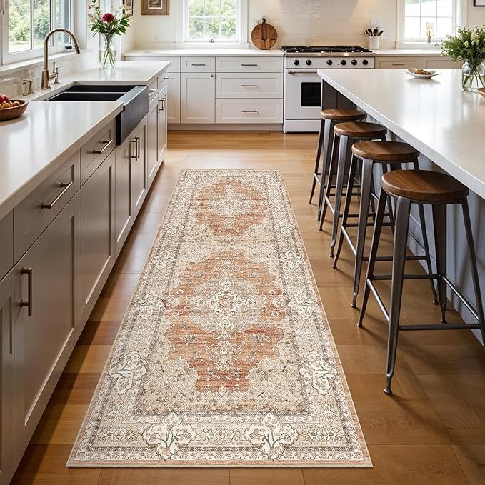 3x8 Runner Rug for Hallway Washable: Non Slip Kitchen Rugs with Rubber Backing Soft Waterproof Mats Stain Resistant Indoor Vintage Carpet Runner for Bedroom Bathroom Laundry Entryway Brick/Terracotta