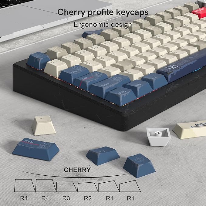 dagaladoo Retro Japanese Anime PBT keycaps,Beige/Blue Keycaps 60% 65% 100%,Dye Sublimation Custom Key caps,Cherry Profile Keyboard Key caps for TKL US Layout Mechanical Keyboard