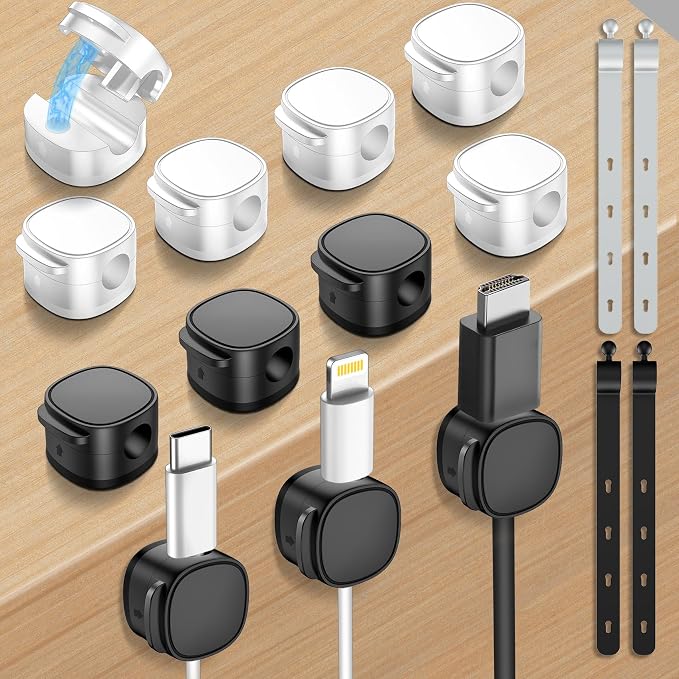 6 Pack,Magnetic Cable Clips & Silicon Cable Ties Cable Organizer | [Cable Smooth Adjustable Under Desk Organizer],Cable Management,Cord Holder-Desk Stand Holding,Adhesive Home Cable Keeper