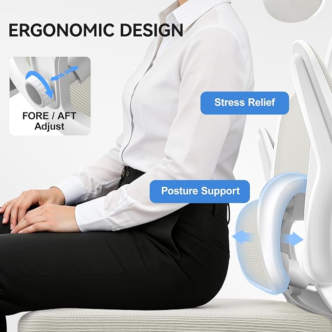 ALLGOD Ergonomic Office Chair, Mesh Desk Chair with Lumbar Support, High Back Home Office Chair with Adjustable Headrest and Flip-Up Arms, Comfortable Computer Chair, Thick Cushion, 300 LBS, White