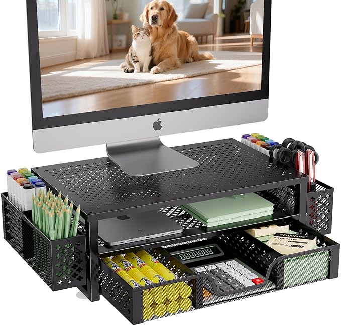 Simple Trending Desk Organizer and Accessories, 2 Tier Computer Metal Monitor Stand Riser with Drawer and Pen Holder for Laptop, Computer, iMac, Black