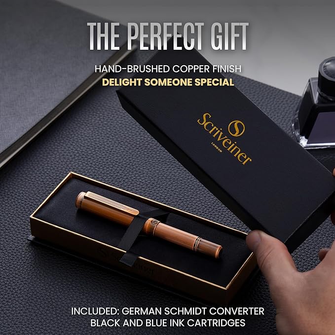 Scriveiner Luxury EDC Fountain Pen (Medium), Stunning Heavy Brass Pocket Pen, Hand Brushed Copper Finish, Schmidt German Nib Converter, Best Writing Pen Gift Set for Men Women, Nice Fancy Designer Pen