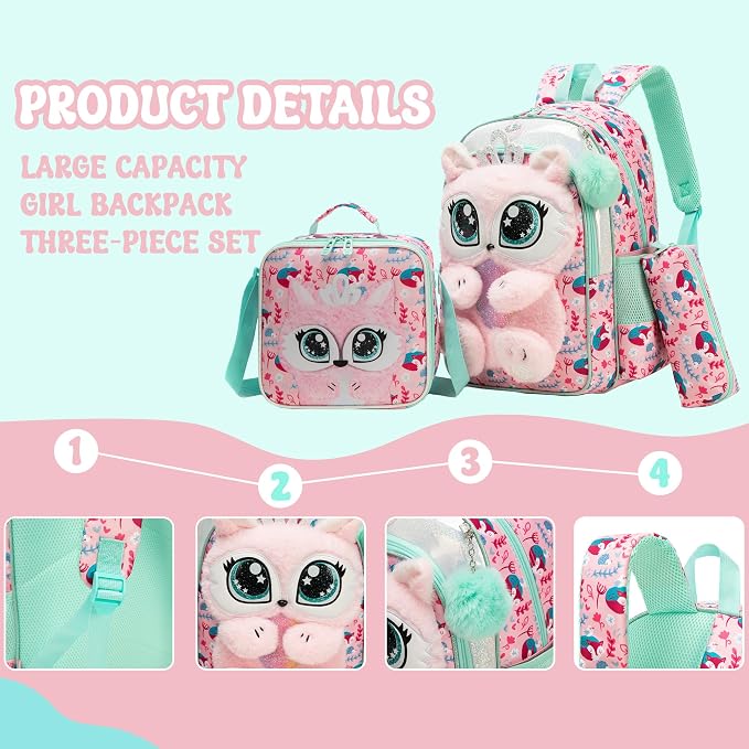 Meetbelify Kids Backpacks for Girls School Backpack with Lunch Bag Pencil Case for Elementary Student 3D Cute Carton Plush Kids Travel School Bag for Girls Ages 6-8 Years Old Pink