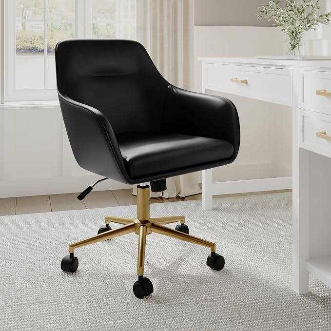 Martha Stewart Rayna Swivel Task Chair with Flared Arms for Home Office in Black Faux Leather with Polished Brass Frame