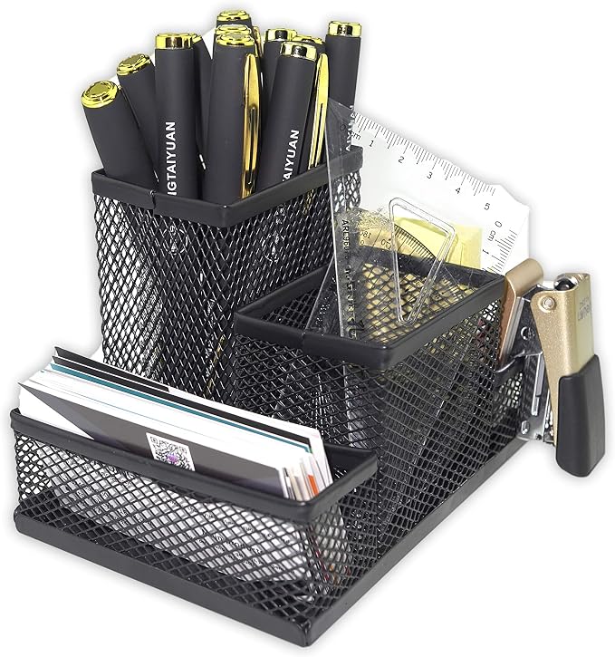Fengtaiyuan T01, Black Metal Wire Mesh Pencil Holder, Desktop Organizer