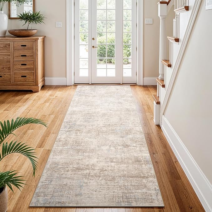 3x8 Hallway Washable Runner Rug - Non-Slip Kitchen Rugs with Rubber Backing Abstract Neutral Low-Pile Carpet Runners for Laundry Room Home Decor Bedroom Bathroom Entryway (Ivory Beige Distressed,3x8)