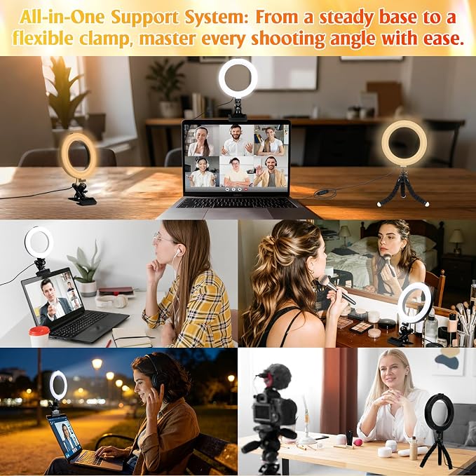 Clip on Ring Light for Laptop, TPQKA 16cm Video Conference Lighting Kit with 5 Color Temperatures & 5 Brightness Levels, Dimmable Webcam Light for Zoom Calls, Remote Working, Live Streaming