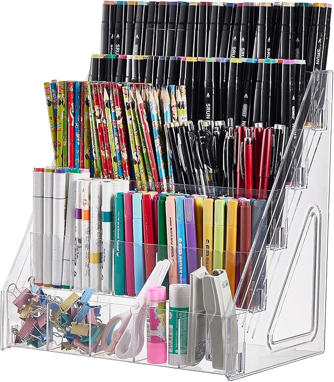 Acrylic Pen Pencil Holder for Desk With 25 Compartment Desk Organizers and Accessories,Durable Material Can Hold Pen Brush Cosmetic Scissor Clip Tape staplers Fit Home Office School(5 Tier)
