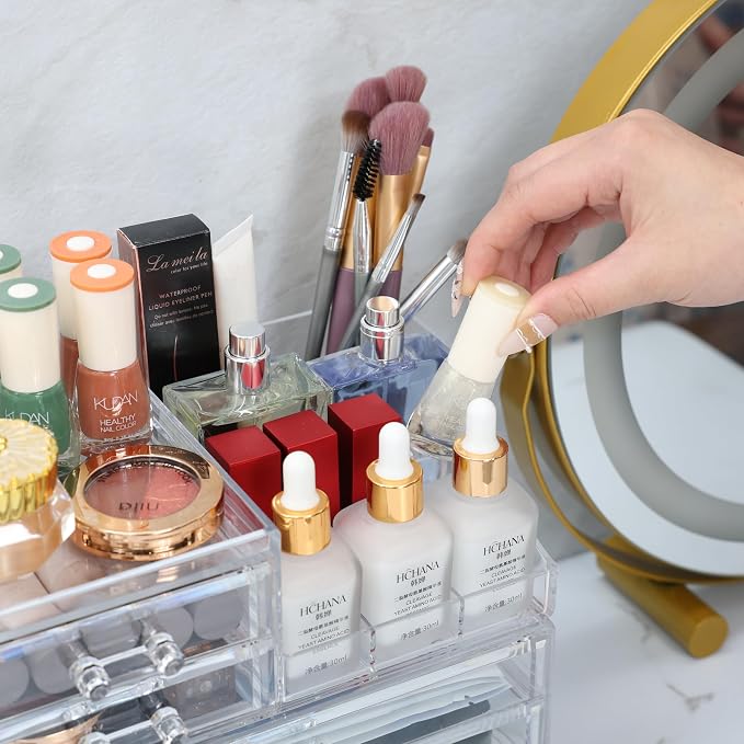 Acrylic Small Makeup Organizer with Drawers,Clear Skincare Organizer for Vanity,Dresser,Bathroom Countertop,Cute Cosmetic Organizer for Lip Gloss,Makeup Brush,Beauty,Skin Care and Cosmetic Storage
