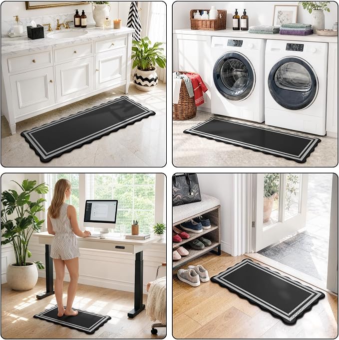 KIMODE Kitchen Mats Cushioned Anti Fatigue,Farmhouse Kitchen Rugs Sets of 2 | Black Scalloped Rugs, Runner Rug Non Slip, Comfort Standing Desk Mat for Laundry Office Bathroom Sink Dorm 17"x47"+17"x29"