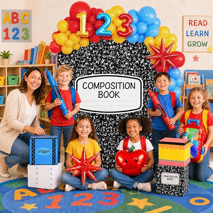 Back To School Decorations, Back to School Balloon Arch Kit with Composition Notebook Classroom Decor Backdrop Abc Boxes and Inflatable Pencils and Crayons for First Day of School Party Supplies