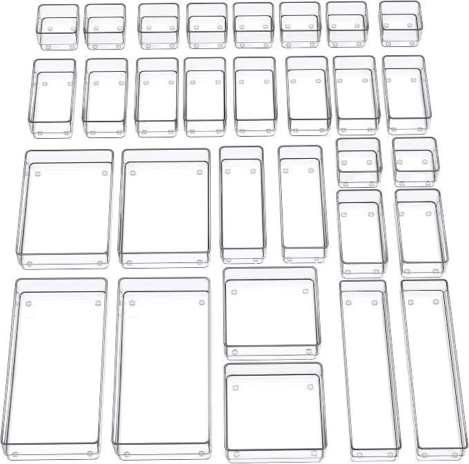 SMARTAKE 30-Piece Drawer Organizer with Non-Slip Silicone Pads, 7-Size | Desk Drawer Organizer Trays Storage Tray for Makeup, Jewelries, Utensils in Bedroom Dresser, Office and Kitchen (Clear)