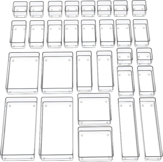 SMARTAKE 30-Piece Drawer Organizer with Non-Slip Silicone Pads, 7-Size | Desk Drawer Organizer Trays Storage Tray for Makeup, Jewelries, Utensils in Bedroom Dresser, Office and Kitchen (Clear)