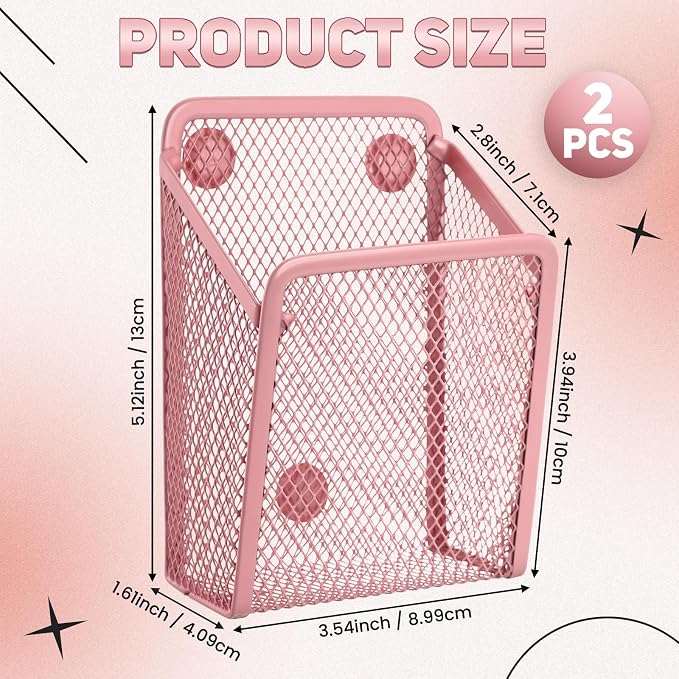 Fuutreo 2 Pcs Large Magnetic Pencil Holder Mesh Stainless Steel Pen Basket Magnetic Pen Cups Storage Organizer for Fridge Whiteboard Blackboard Kitchen Refrigerator Locker Home Office School (Pink)