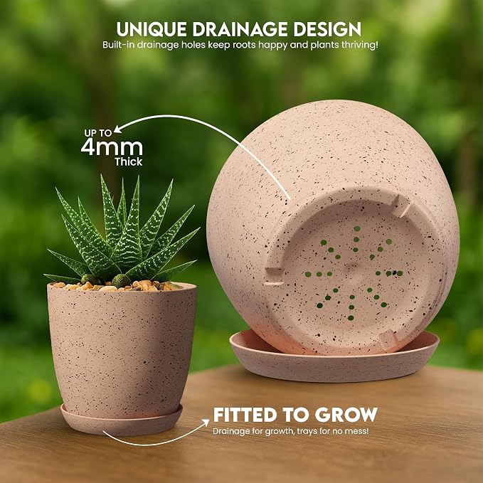 Utopia Home - Spotty Plant Pots Indoor with Drainage - 7/6.6/6/5.3/4.8 Inches Flower Pots - 5 Pack Plastic Planters - Ideal for Stocking Stuffers - (Speckled Peach Pink, Pack of 5)