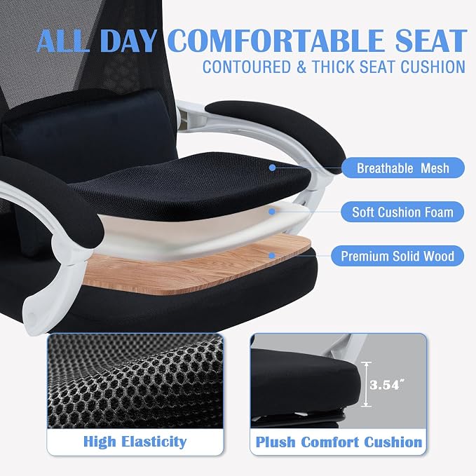 Ergonomic Home Office Chair with Footrest - Adjustable Lumbar Support & 3D Headrest, 90-160° Reclining Mesh High-Back Rolling Work Swivel Computer Chair-400lbs Capacity (White & Black)