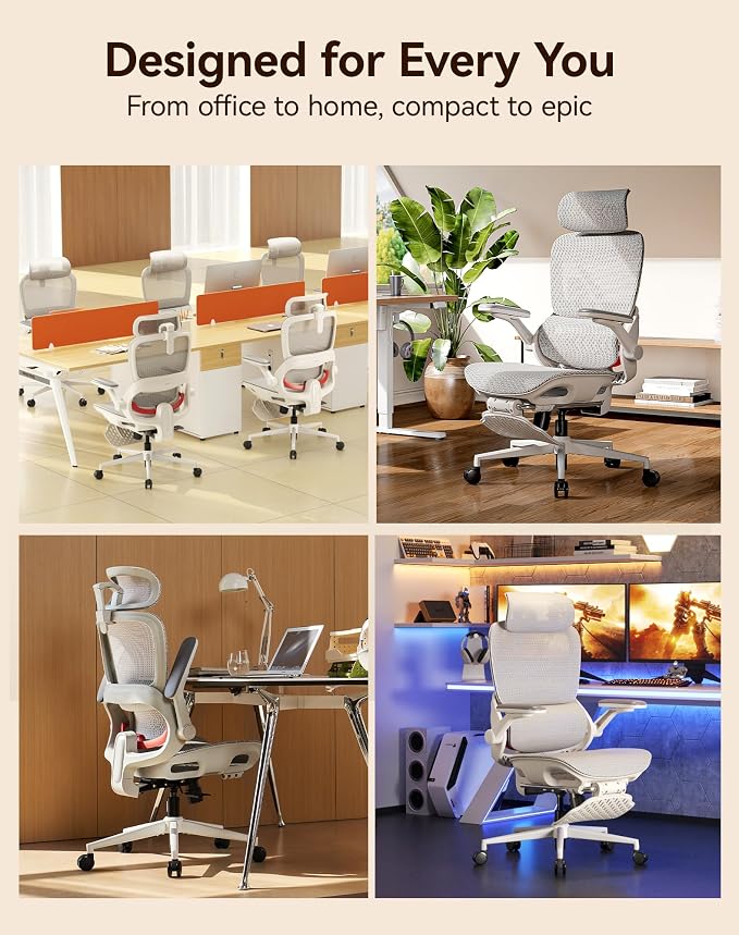SIHOO B100 Pro Ergonomic Office Chair with Adaptive Lumbar Support, Computer Chair with Dual-Back, Desk Chair with 360° Rotatable & Flip-Up Armrests, 3D Wide Headrest, 2 Packs, Light Grey