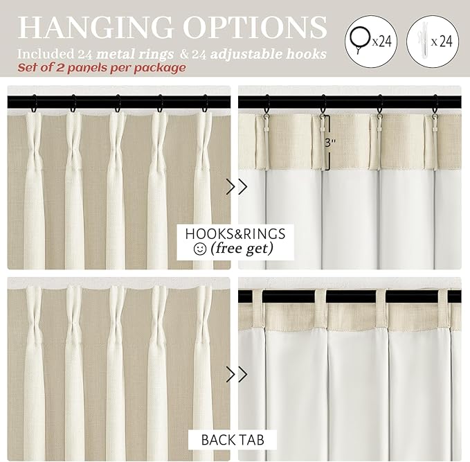 Blackout Extra Wide 70 Inch Cream Boho Curtains 108 Inches Long for Bedroom 2 Panels, Memory Trained Pinch Pleat Dual Layer Linen Insulated Ceiling Drapes Soundproof Privacy 9 FT Length Large Curtain