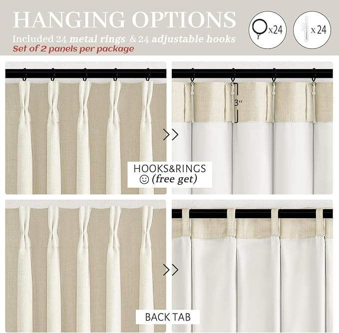 Pleated Extra Wide 70 Inch Bedroom Curtains 96 Inches Long 2 Panels, Cream Memory Trained Pinch Pleat Blackout Dual Layer Linen Soundproof Thermal Farmhouse Windows Drapes for Living Room 8 FT Length