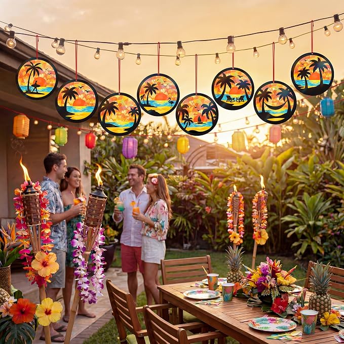 Renbuzhu 48PCS Summer Crafts: Paper Tropical Palm Tree Suncatchers DIY Kits, Window Stained Glass Effect Art Supplies for Hawaiian Luau Tiki Beach Party Favors