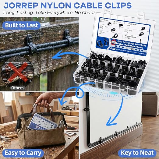 JORREP 322PCS R-Type Cable Clips, 3/16 to 1 in, 6 Sizes for Wire Management | PA66 Nylon, 3/16" 1/4" 3/8" 1/2" 3/4" 1", With screws, For office, garage, yard and auto wire setup, Easy to install