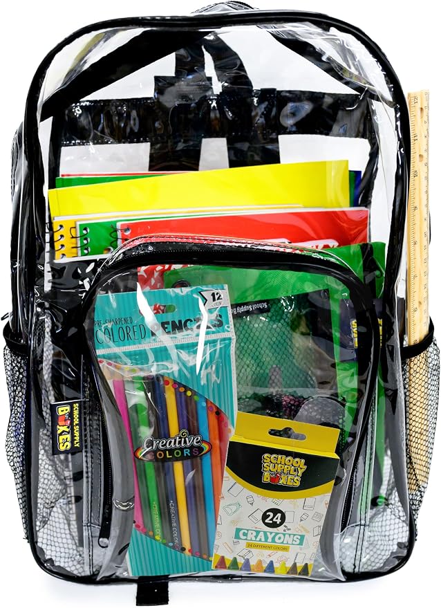 School Supply Boxes | 17" Clear Backpack Bundle for Elementary School | Back to School Bookbag with Supplies | Contains Crayons, Colored Pencils, Ruler, Glue, Notebook & More
