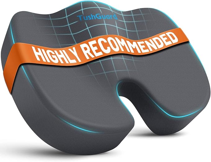 TushGuard Seat Cushion for Office Chair, Memory Foam Chair Cushion, Gray | Office Chair Cushion for Car, Airplane - Chair Pad for Long Sitting Sciatica, Hip, Coccyx,Tailbone Pain Relief, Butt Pillow