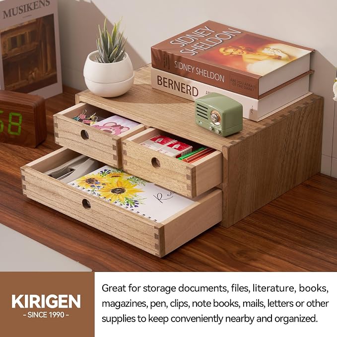 KIRIGEN Wood Desk Organizer with 3 Drawers, Desktop Storage Brown 23-DBR | Wooden Desktop Drawer Hold A4 Papers, Stationery, Jewelry, and Makeup, Fully Assembled for Home Office