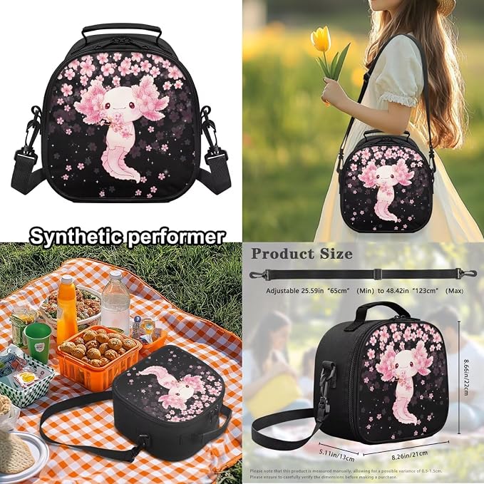 WELLFLYHOM Axolotl Cherry Blossom 17 Inch School Backpack for Kids 8-12 Girls Junior High Book Bag with Lunch Box Pencil Case Water Bottle Case Back to School Supplies