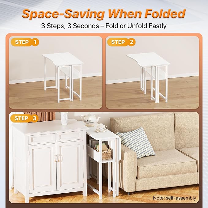Huuger Folding Desk with Storage Shelf, 31.5 Inch Foldable Computer Table for Small Spaces, Space Saving Sofa Table for Couch, Writing Work Office Computer Desk, Easy to Fold, White