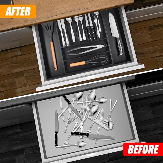 Large Premium Bamboo Silverware Organizer - Expandable Utensil Drawer Organizer - 17"x19.6" Utensil Holder and Cutlery Tray with Grooved for Kitchen Flatware and Utensils(7-9 Slot, Black)