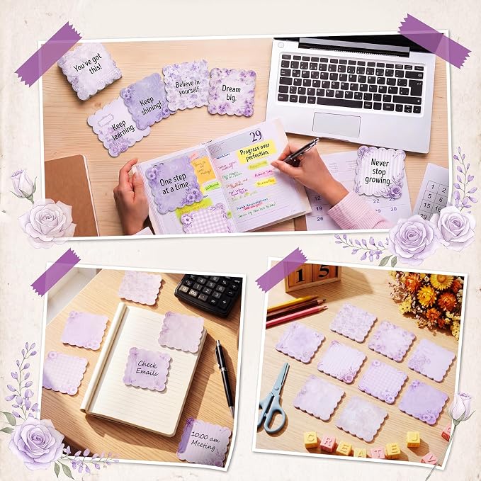 9 Pcs Scalloped Aesthetic Sticky Notes 3x3 Inch Vintage Colors Cute Wavy Self Sticky Note Pads Memo Pads for Journal School Office Supplies Decoupage Craft Stationery Gift(Vintage Purple)