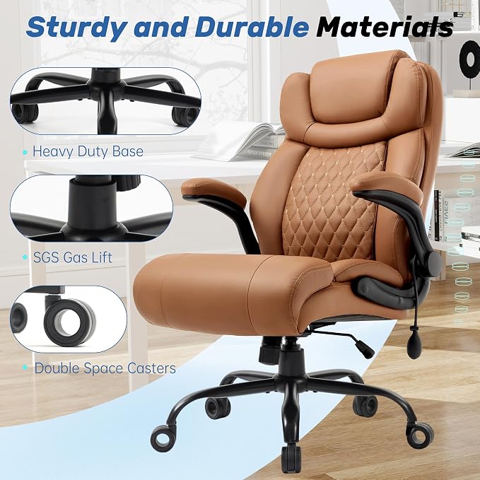550LBS Big and Tall Office Chair, Comfy Heavy Duty Executive Chair with Adjustable Lumbar Support Double Spaces Casters, Fabric Extra Wide Seat Ergonomic Computer Desk Chair for Back Pain,Brown