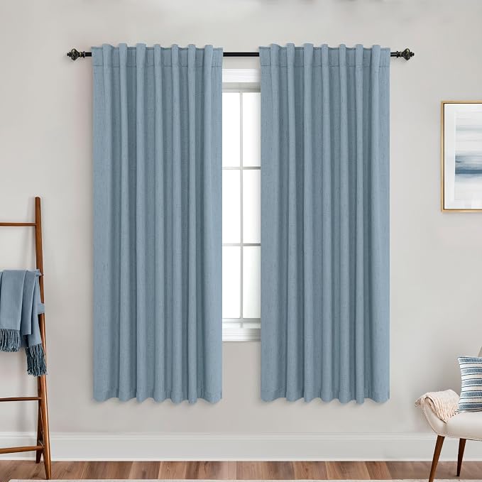 KOUFALL 72 Inch Linen Black Out Curtains for Bedroom Living Room,Blackout Room Darkening Dusty Blue Back Tab Drapes 72 Inch Length 2 Panels Set