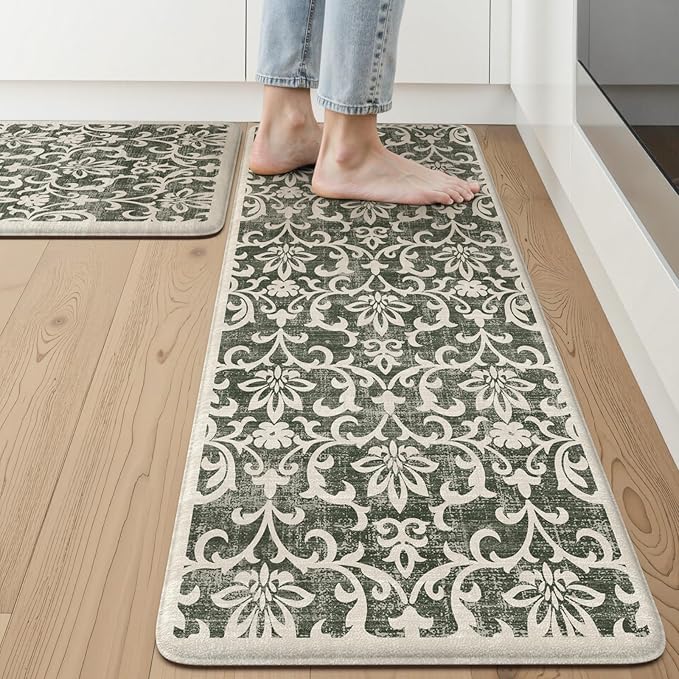 LEEVAN Green Kitchen Mat Sets of 2, Vintage Distressed Anti Fatigue Memory Foam Kitchen Floor Mat for Laundry,Non Slip Cushioned Standing Mat for Home, Office, Desk,Sink(17''x29''+17''x47'')
