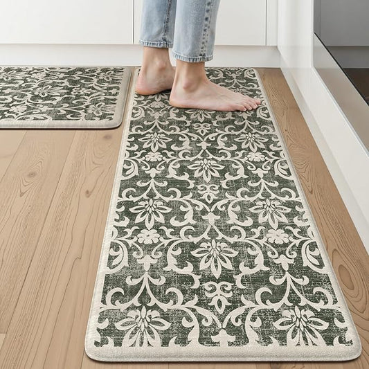LEEVAN Green Kitchen Mat Sets of 2, Vintage Distressed Anti Fatigue Memory Foam Kitchen Floor Mat for Laundry,Non Slip Cushioned Standing Mat for Home, Office, Desk,Sink(17''x29''+17''x47'')