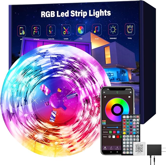 Led Lights for Bedroom 100 ft (1 Roll of 100ft), Music Sync RGB Led Strip Lights with Remote App Control, Color Changing Led Lights for Room Home Kitchen Party Decor